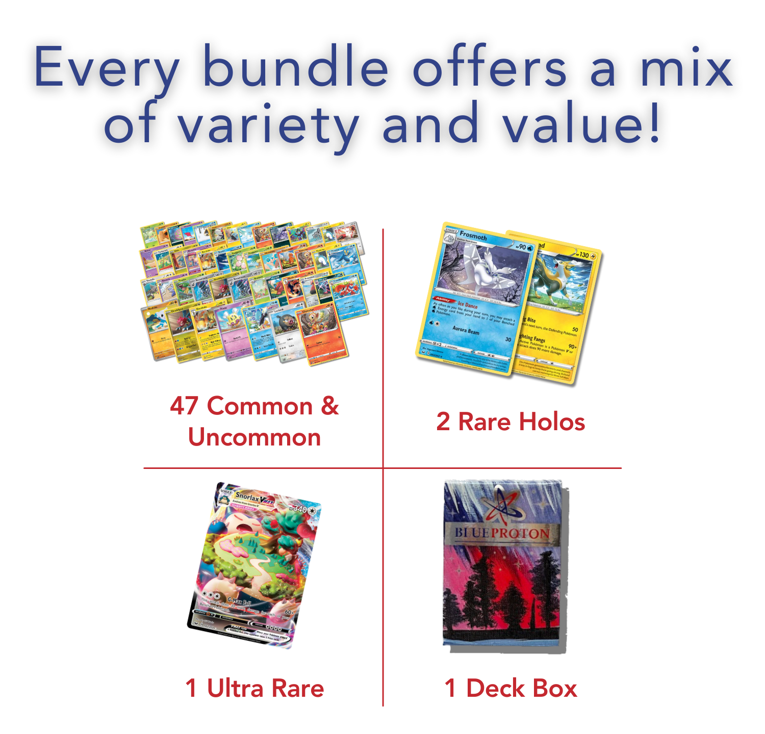 Exclusive Premium Bundle | 50 Genuine Cards | Includes 1 Guaranteed Ultra Rare: Legendary, VSTAR, VMAX, V, GX, or EX | Plus 2 Holos or Rares | BlueProton Deck Box compatible with Pokemon cards