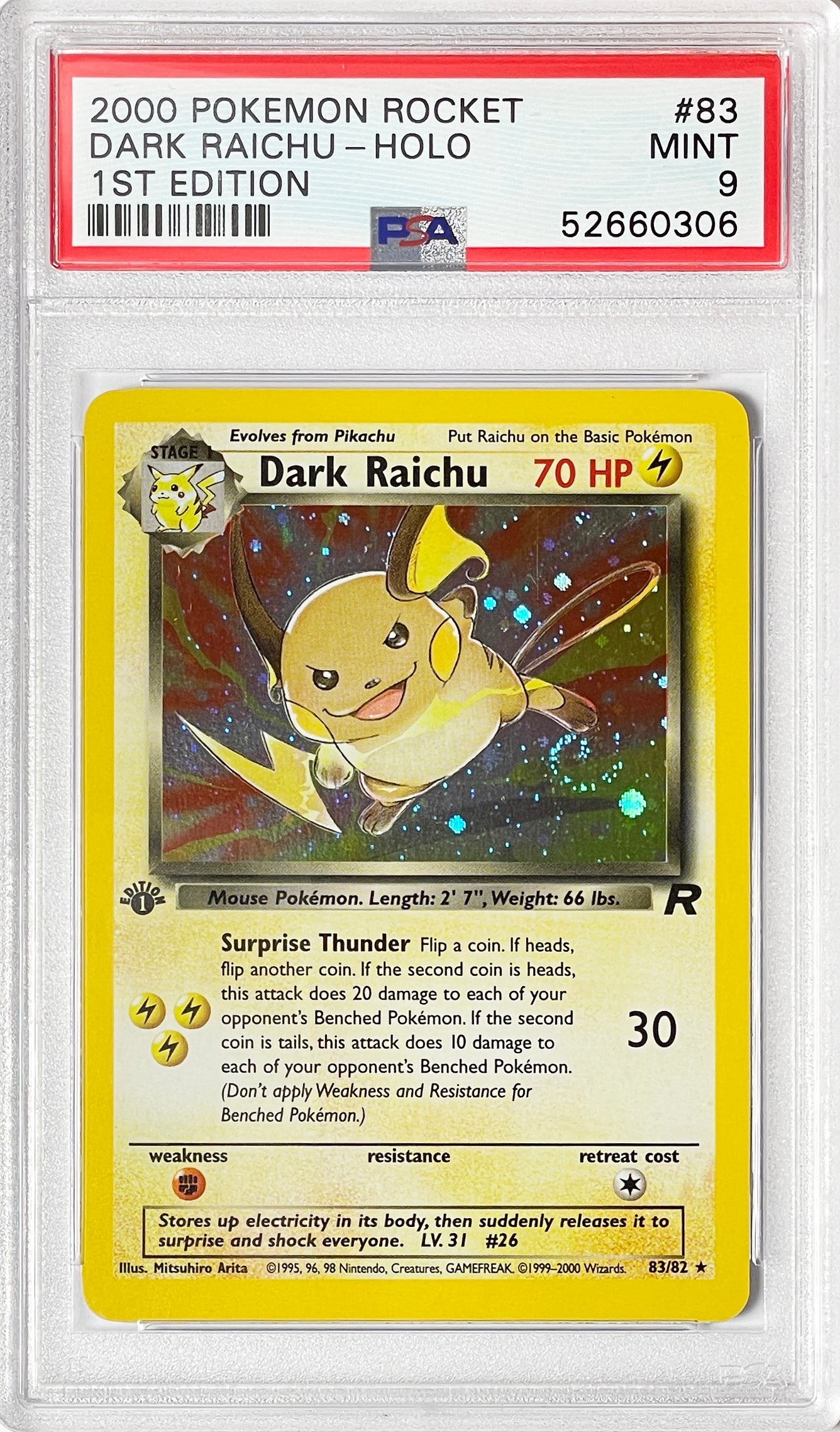 Pokemon 2000 Rocket 1st Edition Dark Raichu Holo Swirl 83/82 PSA 9