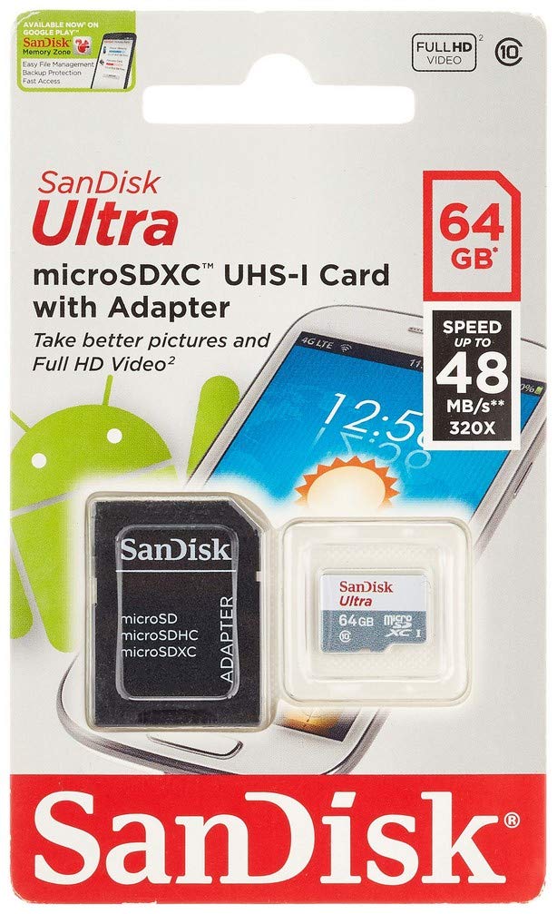 SanDisk Ultra 64GB microSDXC UHS-I Class 10 Memory Card with Adapter
