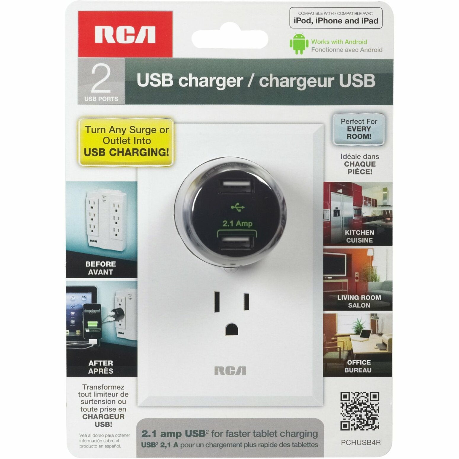 RCA USB Home and Travel Dual Port Charger 2.1Amp (PCHUSB4R)