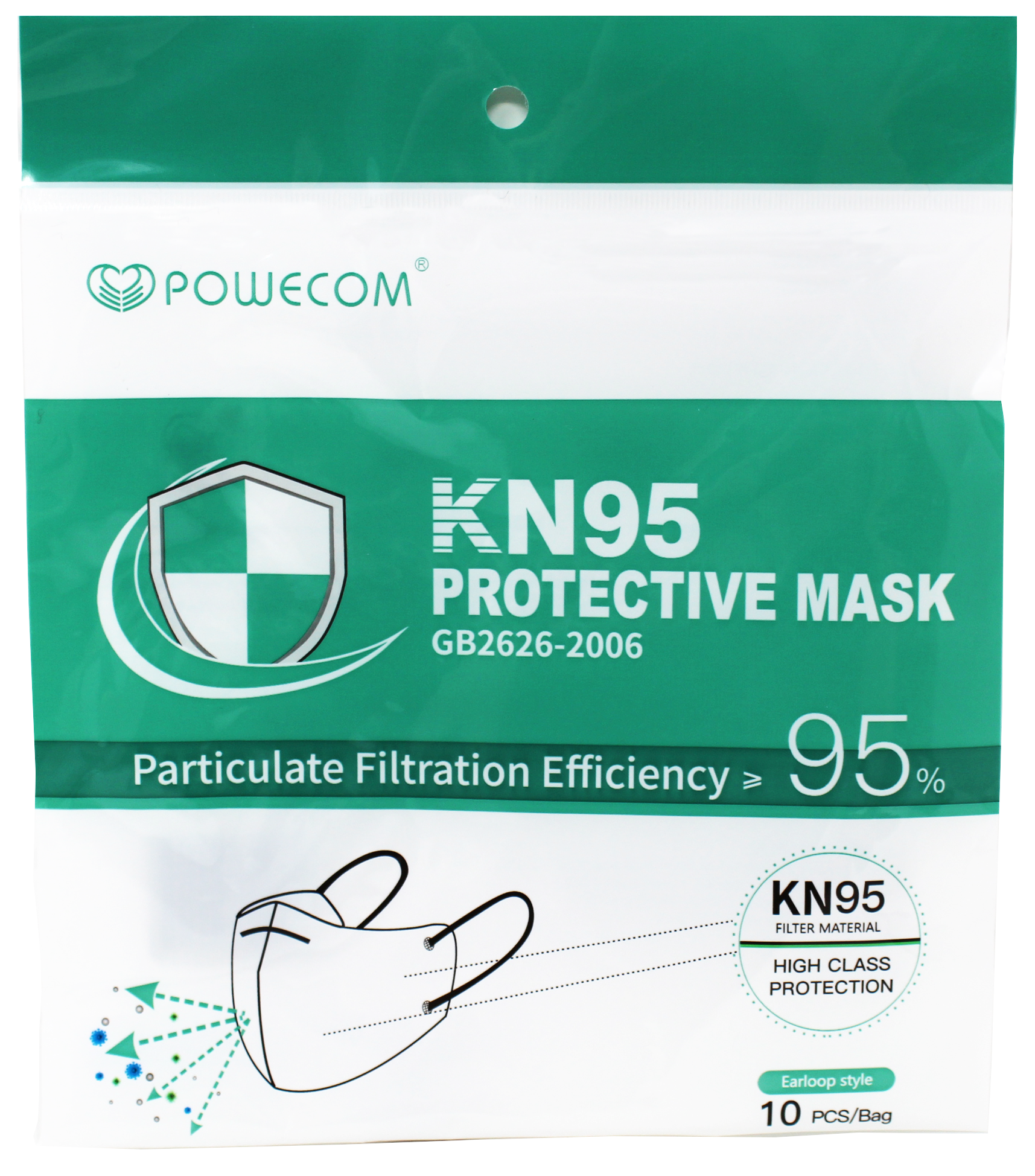 Powecom KN95 Protective Face Mask with Elastic Earloops (Pack of 10 Masks)