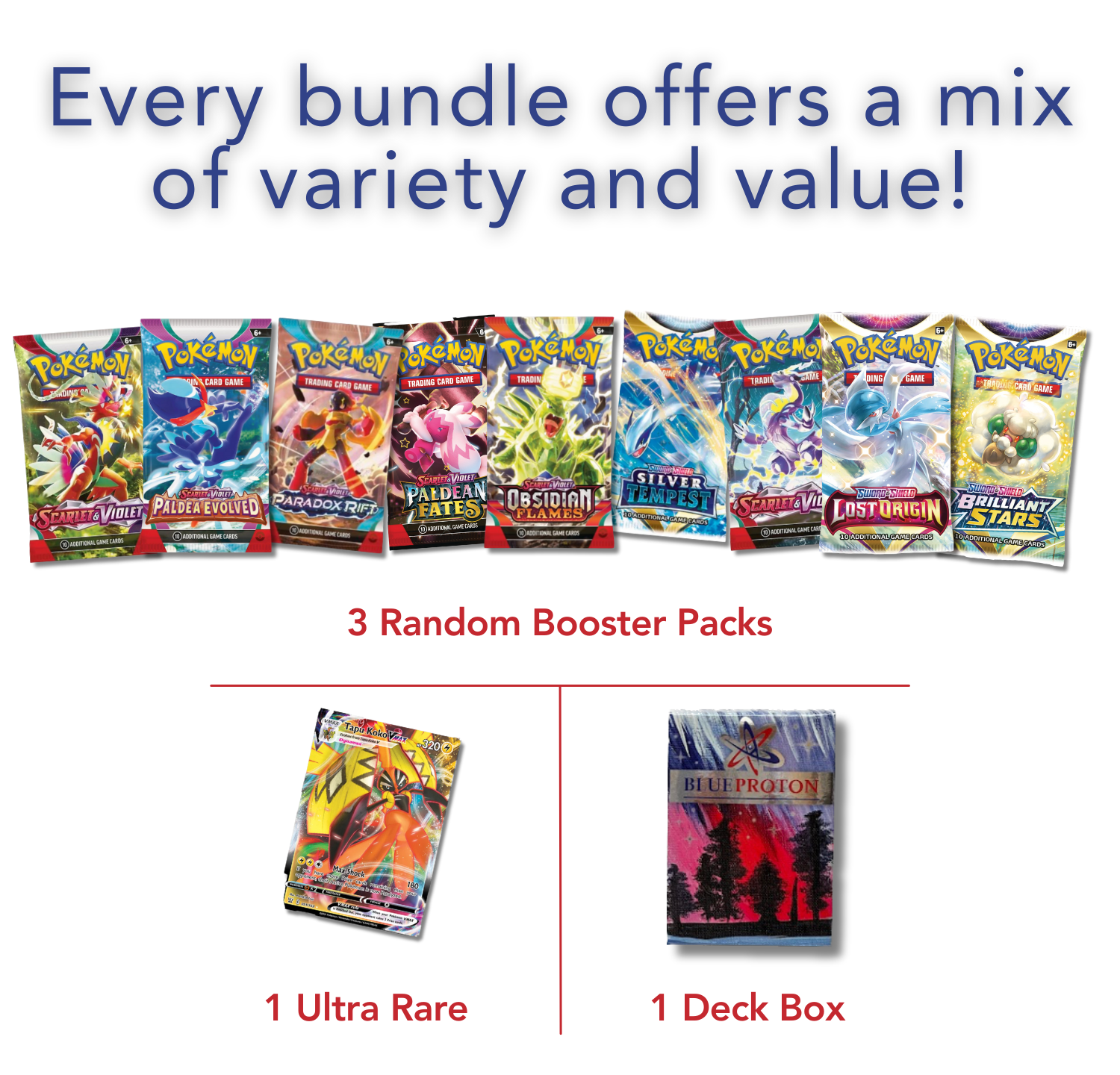 Exclusive Ultra Triple Booster Bundle | Includes 3 Booster Packs | 1 Bonus Ultra Rare | BlueProton Deck Box compatible with trading cards