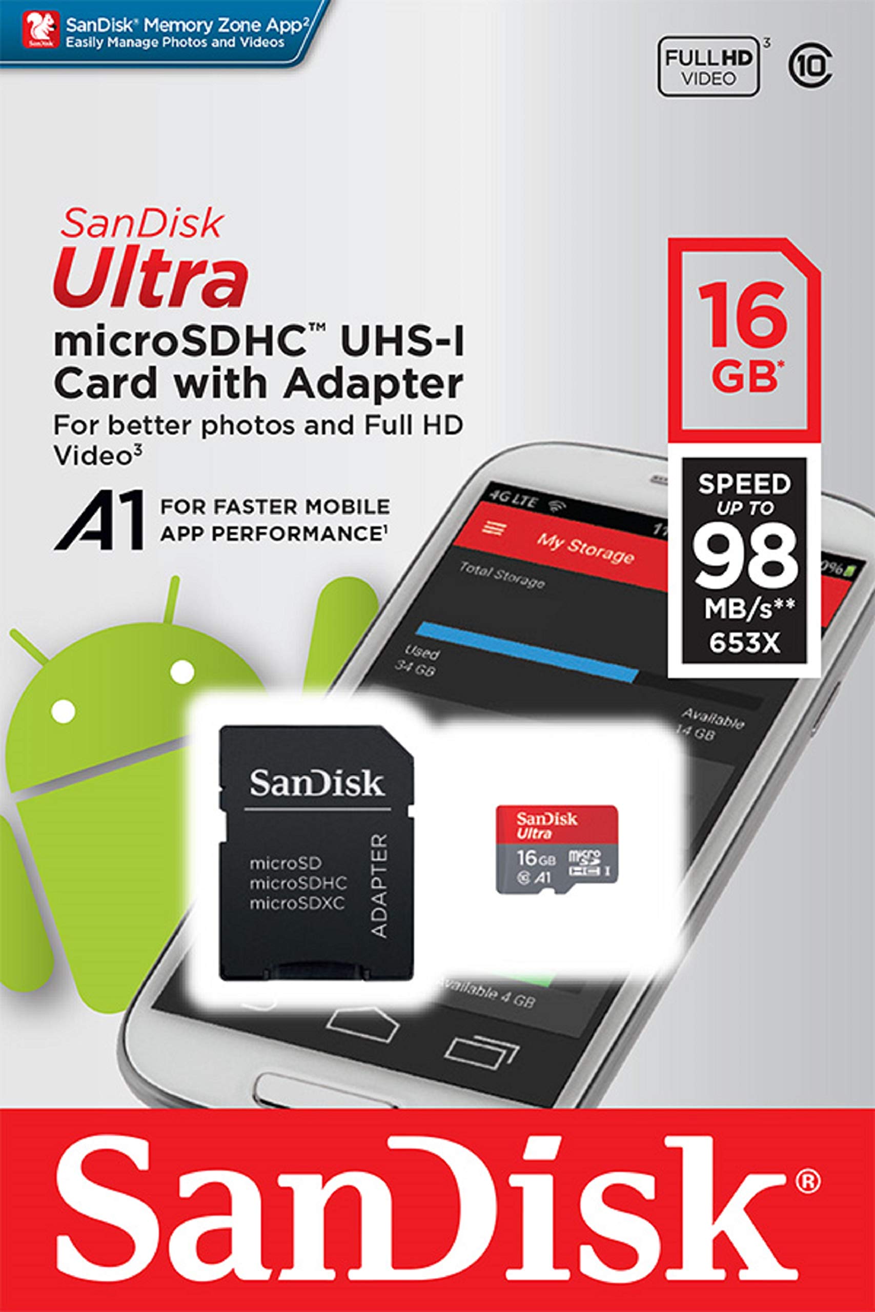SanDisk 16GB Ultra microSDHC UHS-I Memory Card with Adapter - 98MB/s, C10, U1, Full HD, A1, Micro SD Card - SDSQUAR-016G-GN6MA