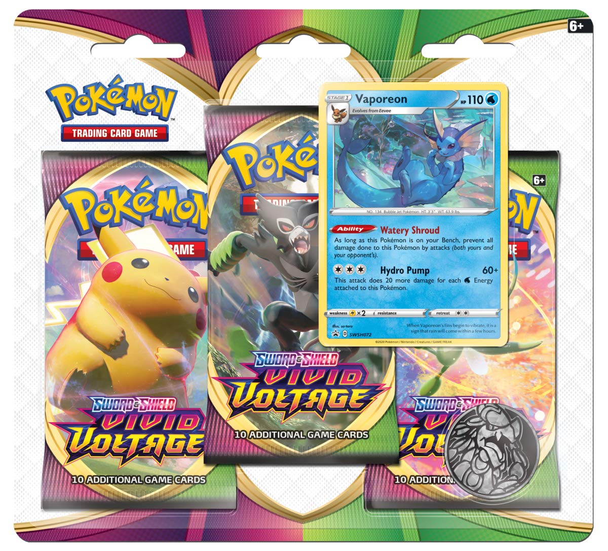 Pokemon TCG: Sword & Shield Vivid Voltage Blister Pack with 3 Booster Packs and Featuring Vaporeon