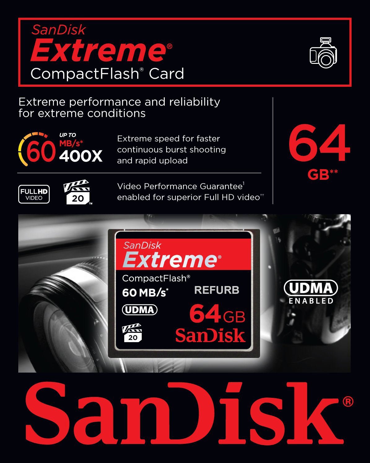 SanDisk Extreme 64GB CF CompactFlash Memory Card 60MB/s SDCFX-064G-X46 (Certified Refurbished)