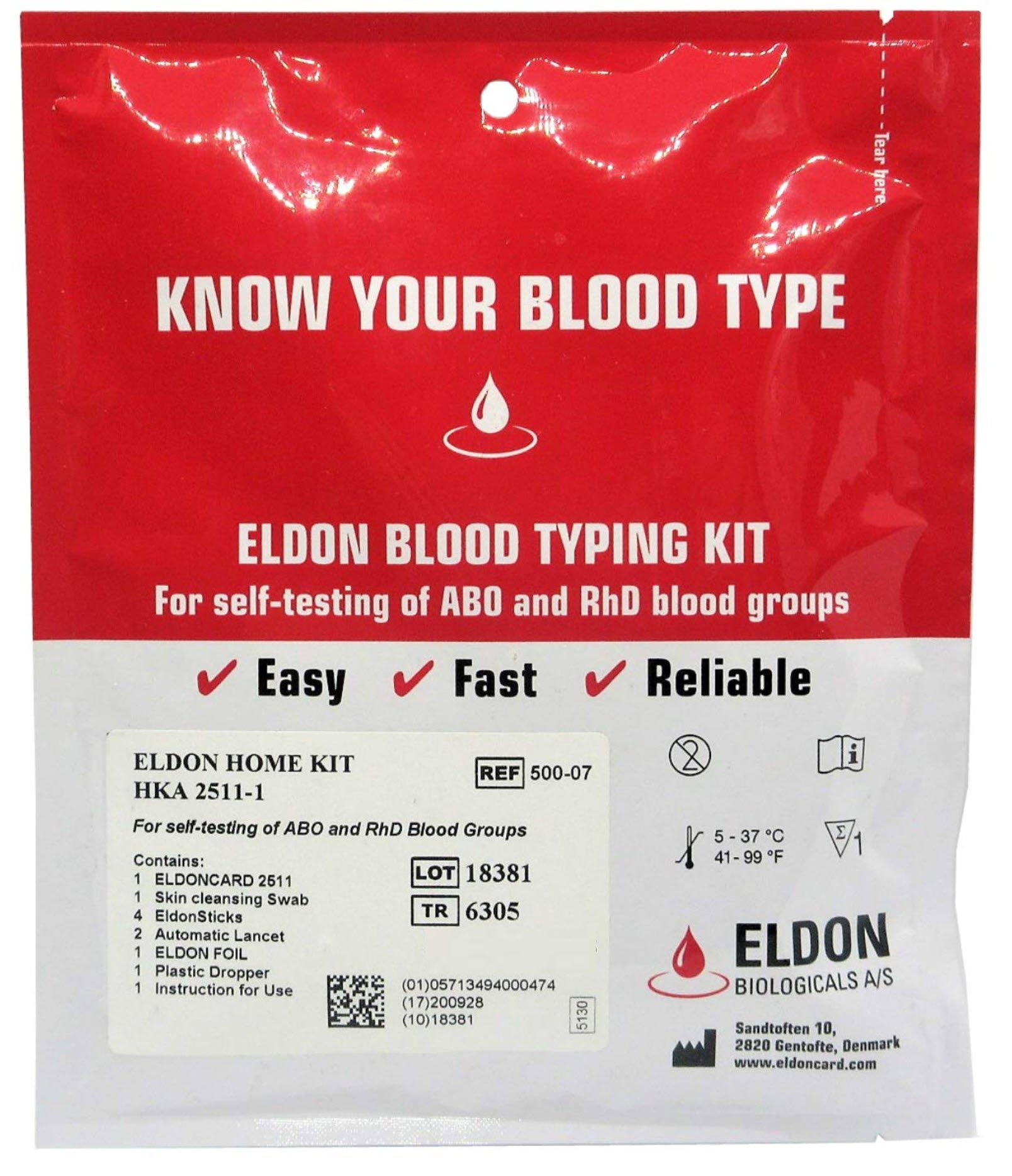 Eldoncard Blood Type Test (Complete Kit) - Air Sealed Envelope, Safety Lancet, Micropipette, Cleansing Swab