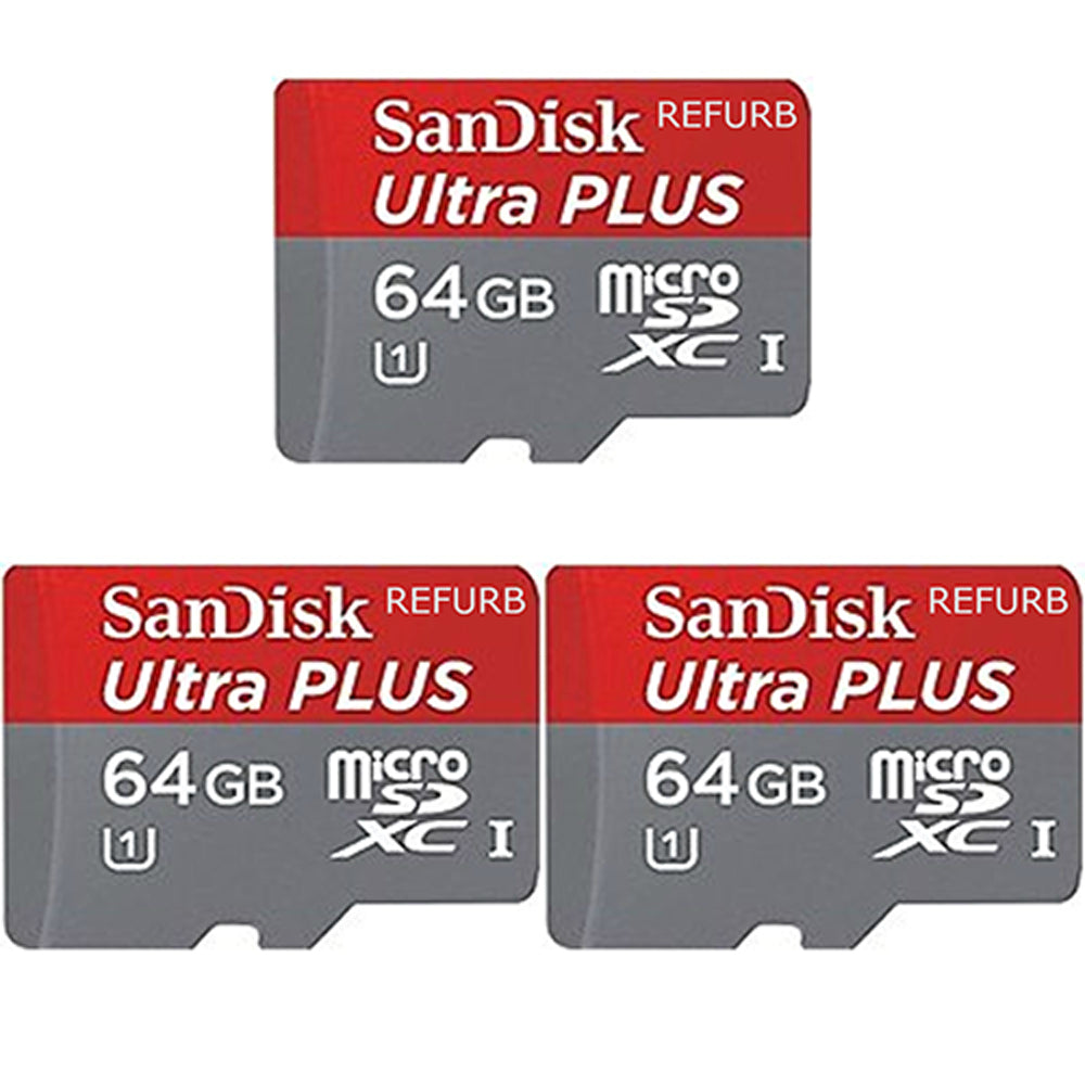 Sandisk Ultra PLUS 64GB MicroSDXC UHS-I Card 100MB/s Class 10 3-Pack (Certified Refurbished)