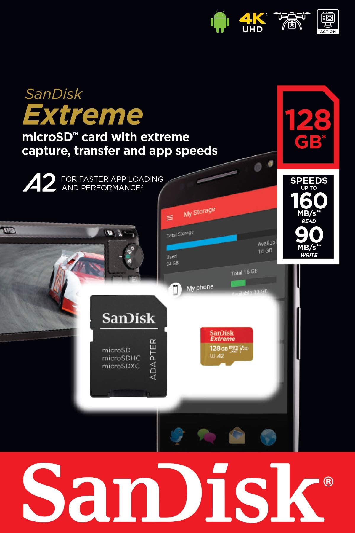 SanDisk 128GB Extreme microSD UHS-I Card with Adapter - U3 A2 - SDSQXA1-128G-GN6MA