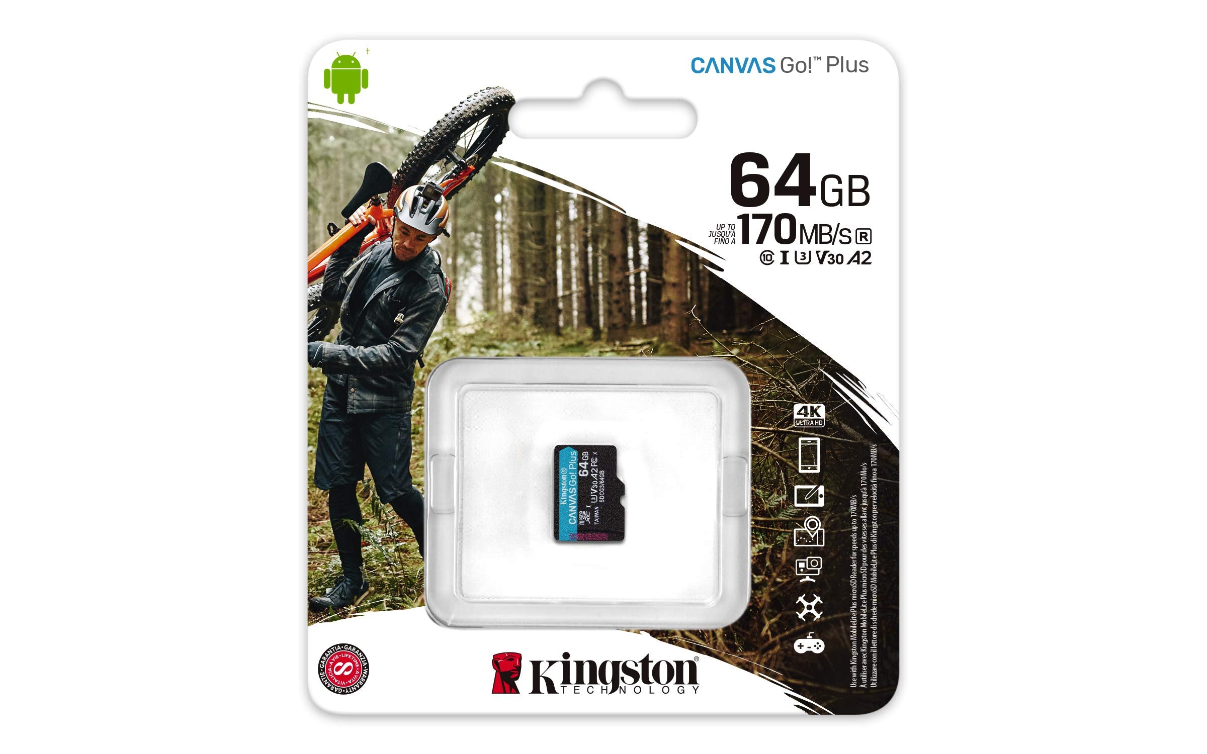 Kingston 64GB microSDXC Canvas Go Plus 170MB/s Read UHS-I, C10, U3, V30, A2/A1 Memory Card + Adapter (SDCG3/64GBET)