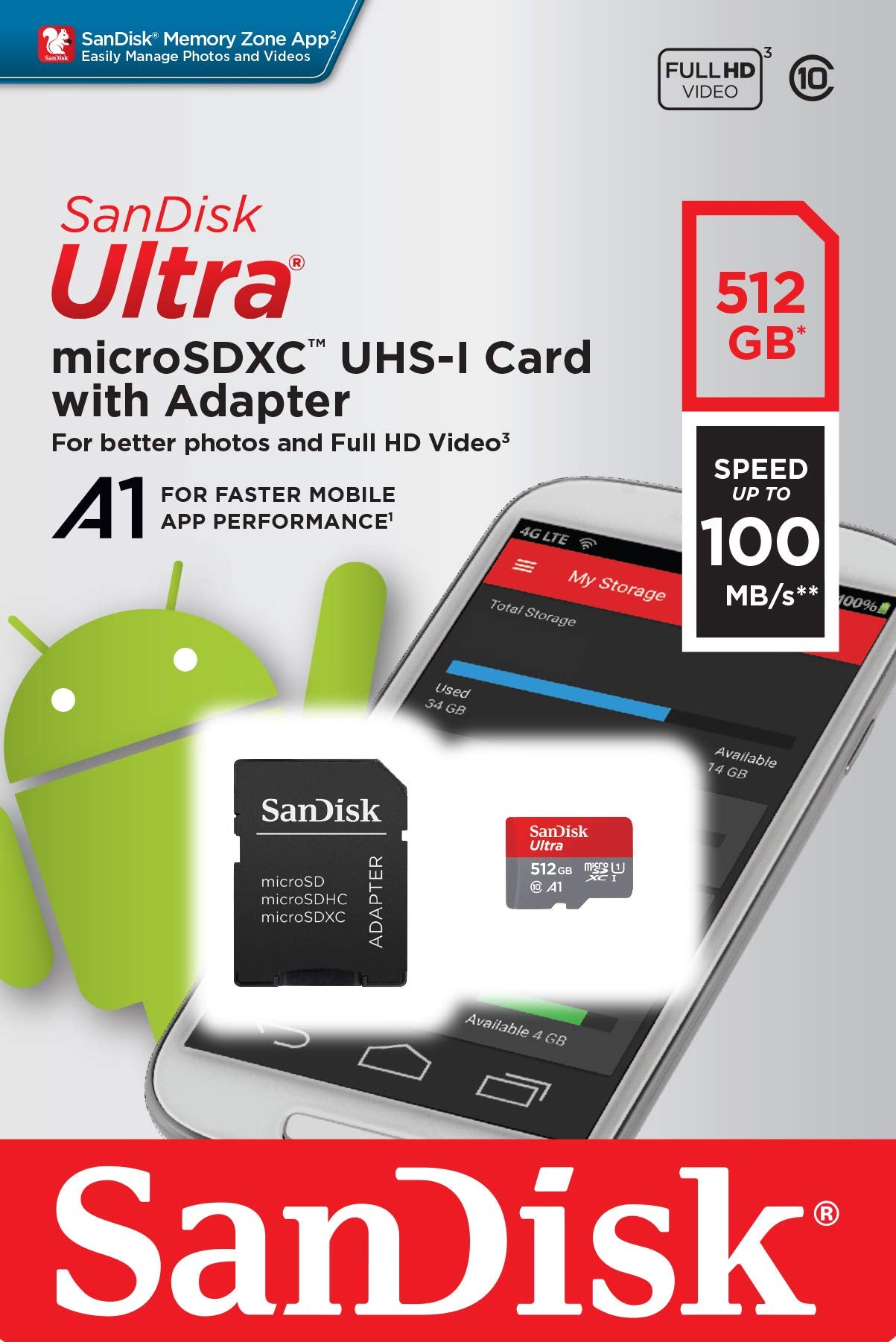 SanDisk 512GB Ultra MicroSDXC UHS-I Memory Card with Adapter - 100MB/s, C10, U1, Full HD, A1, Micro SD Card - SDSQUAR-512G-GN6MA