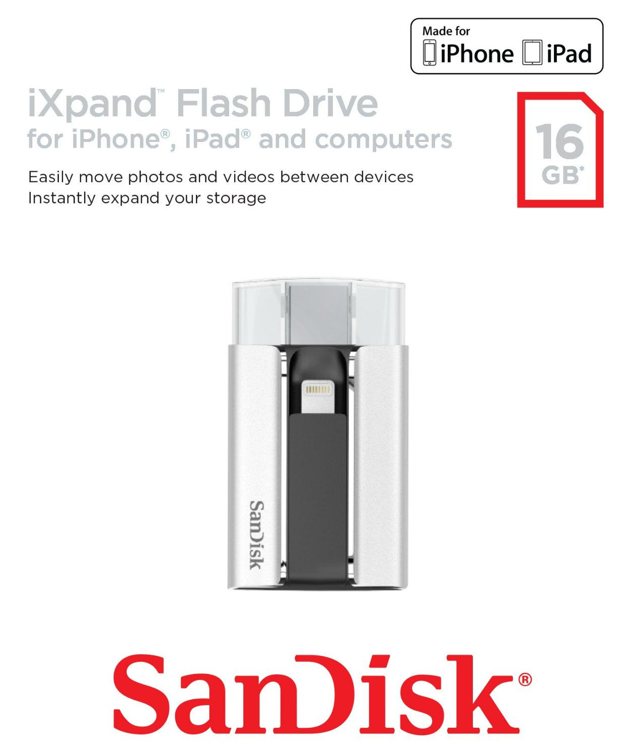 SanDisk iXpand 16GB USB 2.0 Mobile Flash Drive with Lightning connector For iPhones, iPads & Computers