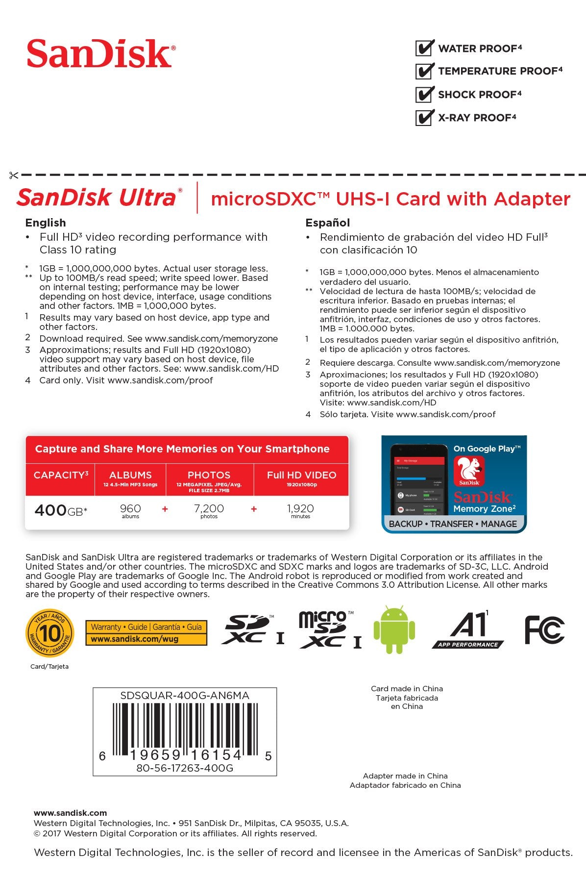 Sandisk Ultra 400GB Micro SDXC UHS-I Card with Adapter - SDSQUAR-400G-GN6MA
