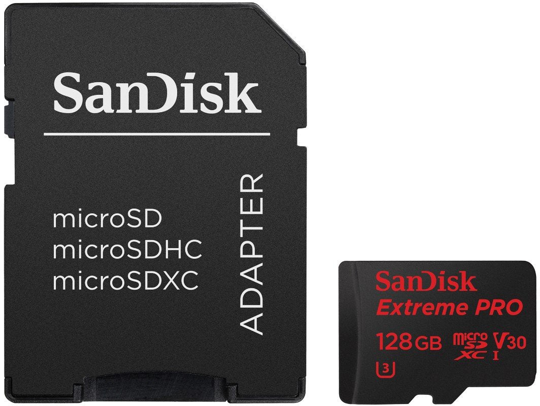 Sandisk Extreme Pro 128 GB MicroSDXC Memory Card + SD Adapter Up to 95 MB/S, Class 10, U3, V30 - SDSQXXG-128G-GN6MA