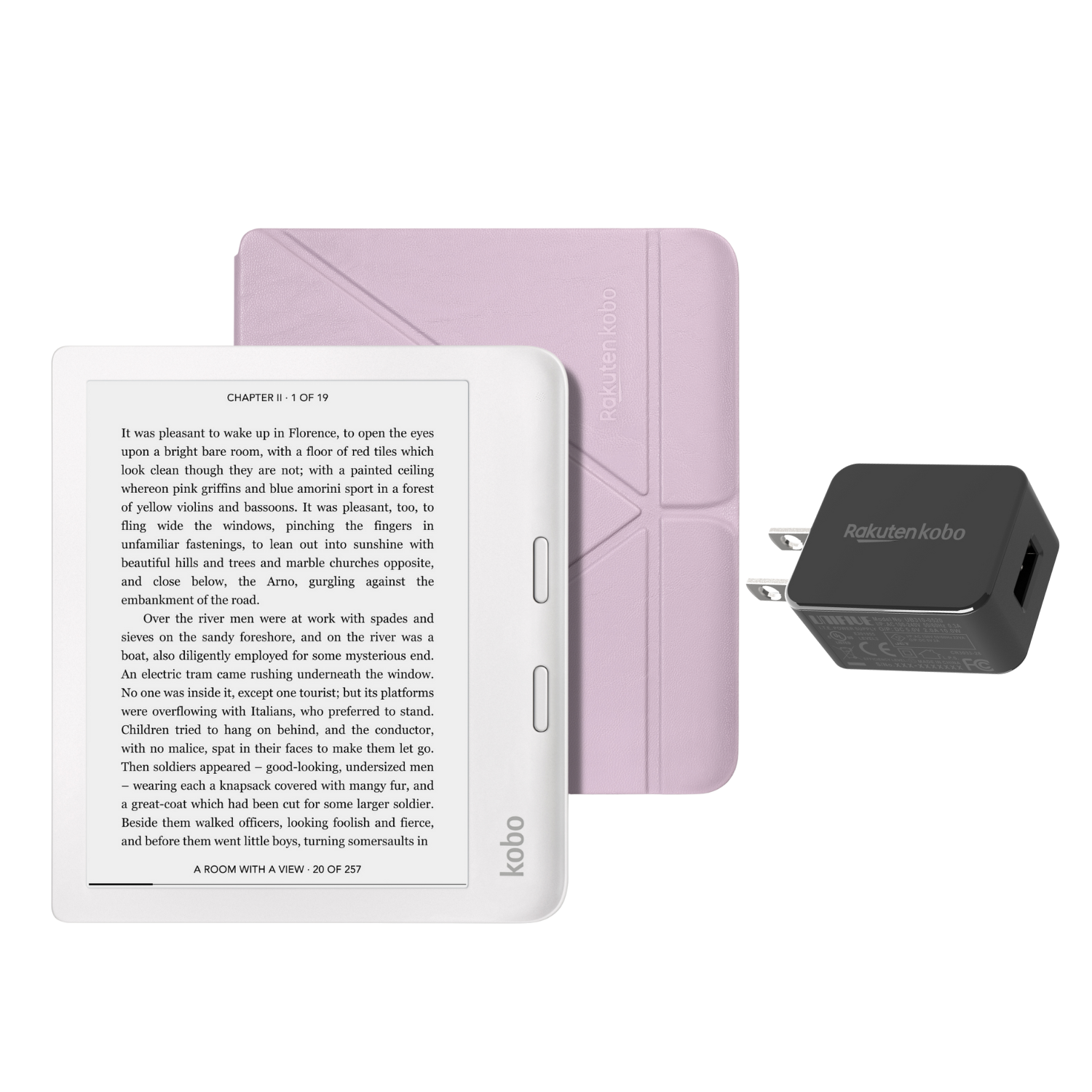 Kobo Libra 2 White Bundle with Lavender SleepCover and AC Adapter | eReader 7" Waterproof WIFI 32GB