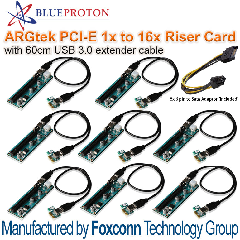 BlueProton ARGtek PCI-E 1x to16x Riser Card with 60cm USB 3.0 (Made by Foxconn) x8 Pack
