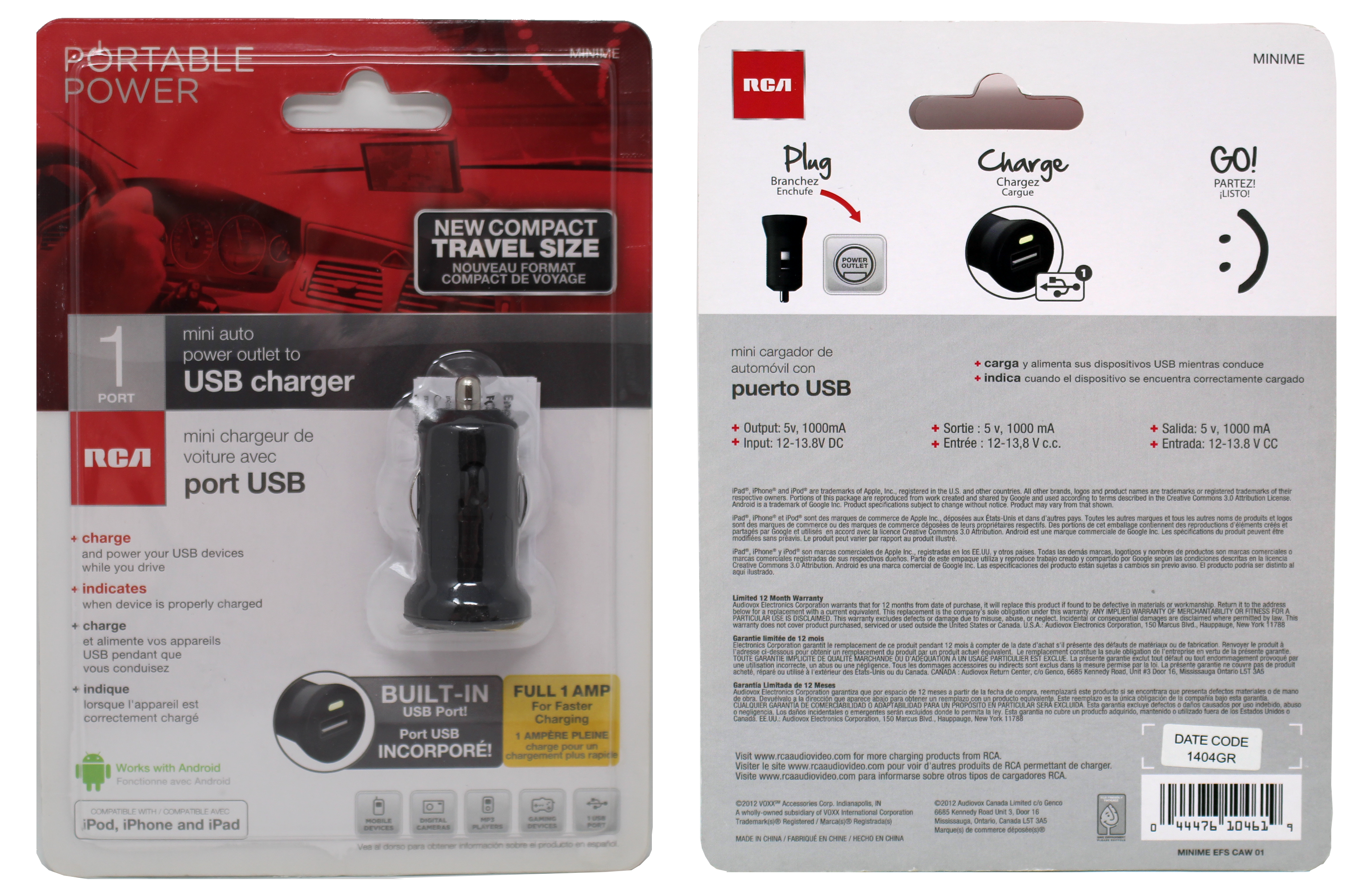 RCA 1.0 Amp 5V USB Charger Car Auto Power Outlet (MINIME) Pack of 20