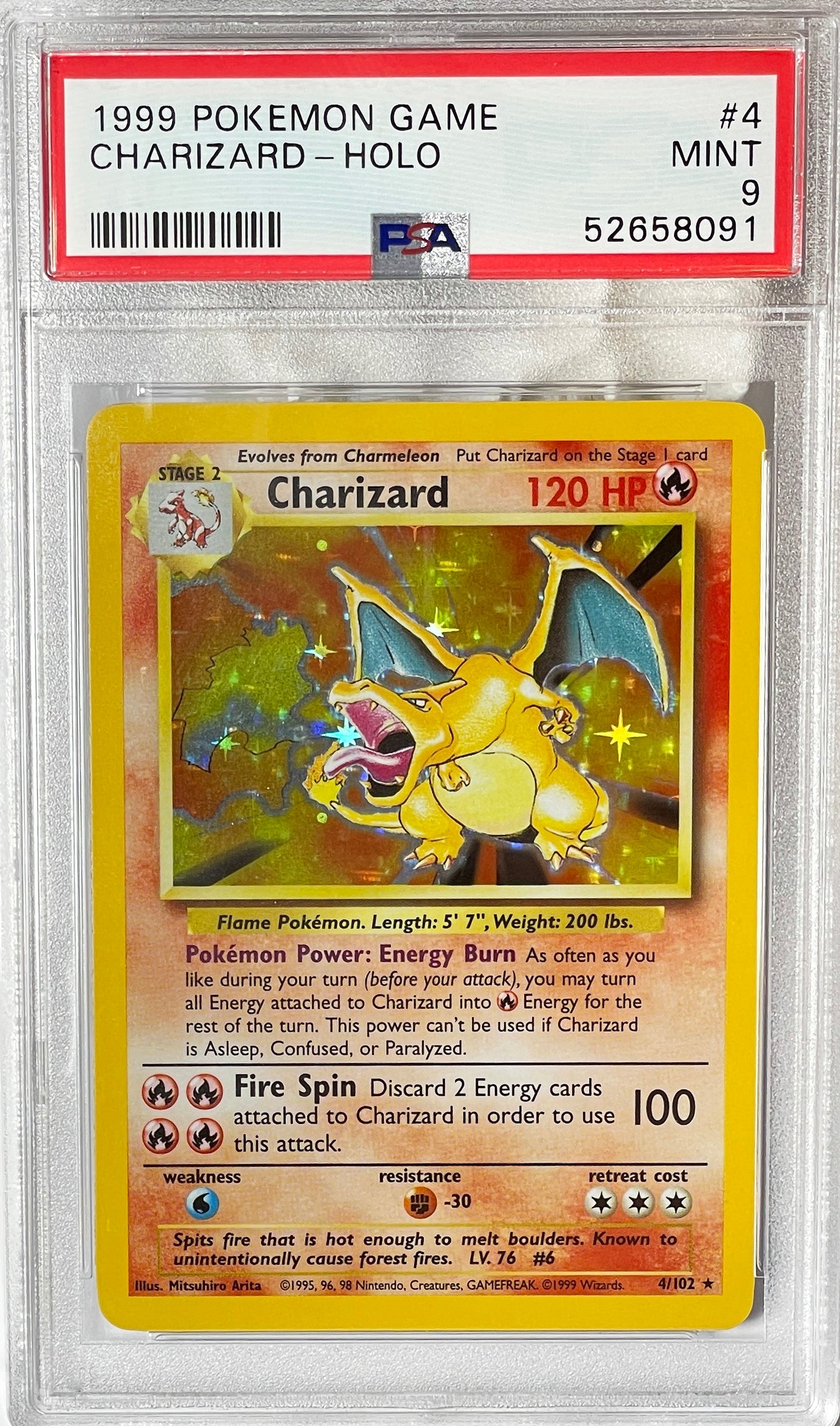 Pokemon 1999 Base Set Charizard Holo #4/102 PSA 9 MINT (Graded Card)