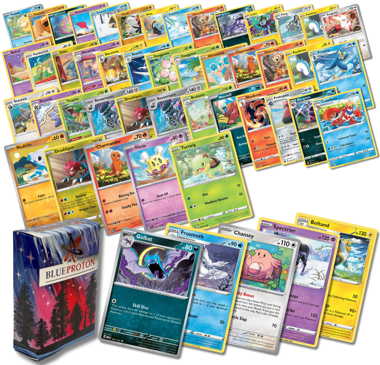 Exclusive Starter Bundle | 50 Genuine Cards | Includes 5 Guaranteed Reverse Holos | BlueProton Deck Box compatible with trading cards