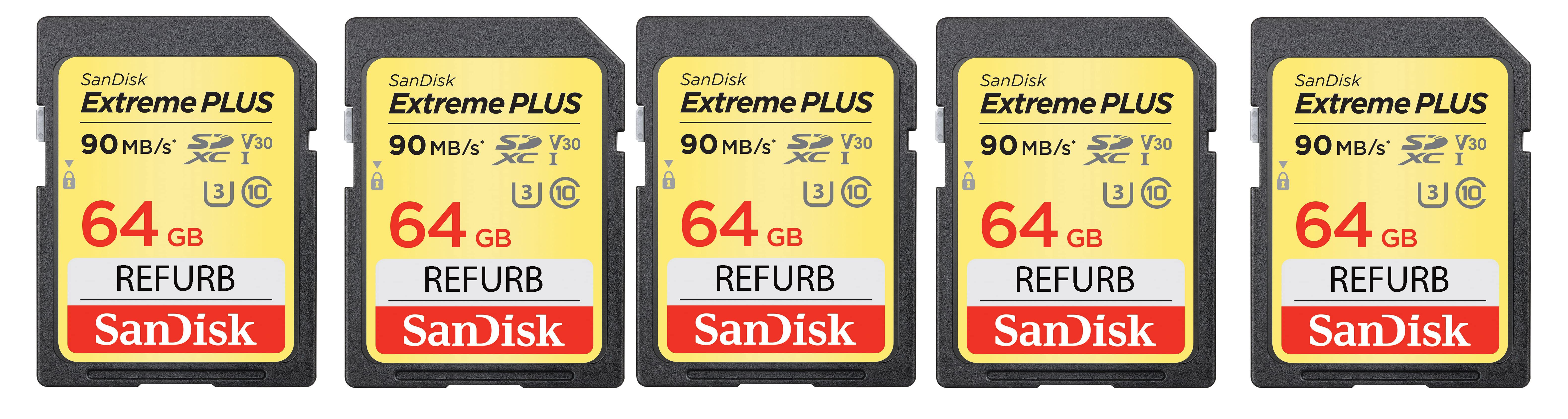 SanDisk Extreme Plus 64GB SDXC UHS-I/V30/U3/Class 10 Card (SDSDXWF-064G-ANCIN) (Refurbished) (Pack of 5)