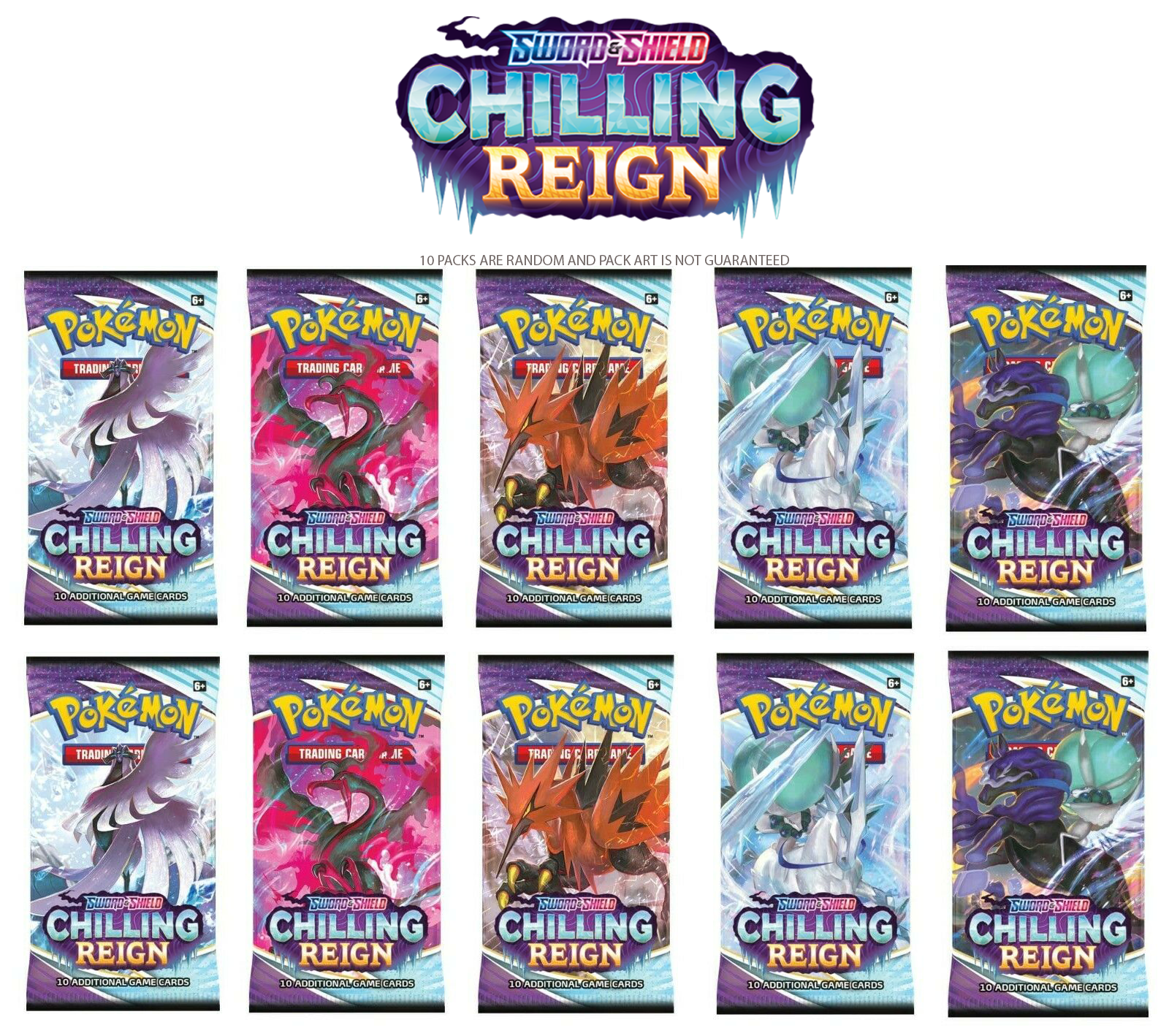 10 PACK LOT Pokemon TCG Sword & Shield CHILLING REIGN Booster Packs (From Sealed Box) NEW