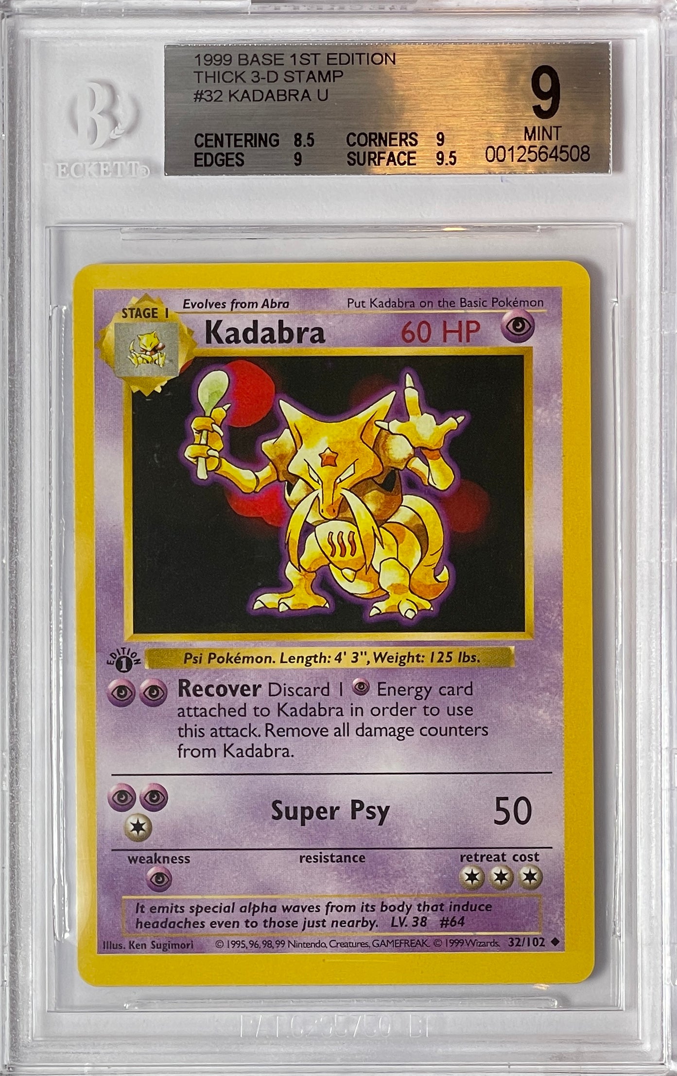 Pokemon 1999 Base 1st Edition Kadabra 32/102 BGS 9 MINT (Graded Card)