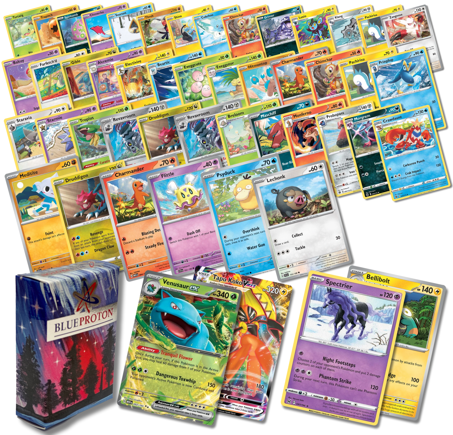 Exclusive Deluxe Bundle | 50 Genuine Cards | Includes 2 Guaranteed Ultra Rares: Legendary, VSTAR, VMAX, V, GX, or EX | Plus 2 Holos or Rares | BlueProton Deck Box compatible with trading cards