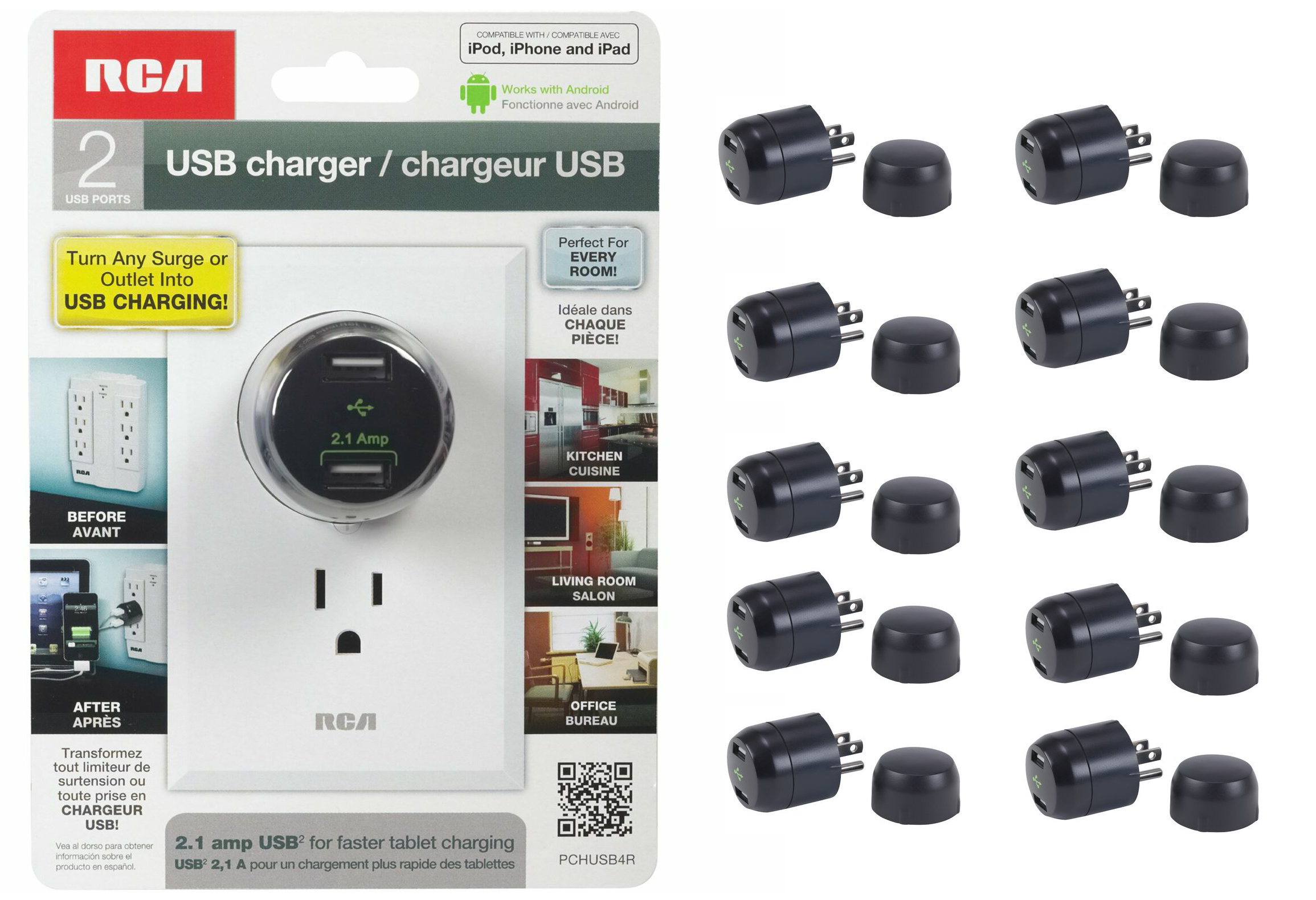 RCA USB 2-Port Home Travel Charger 2.1A 1A (PCHUSB4R) 10 PACK
