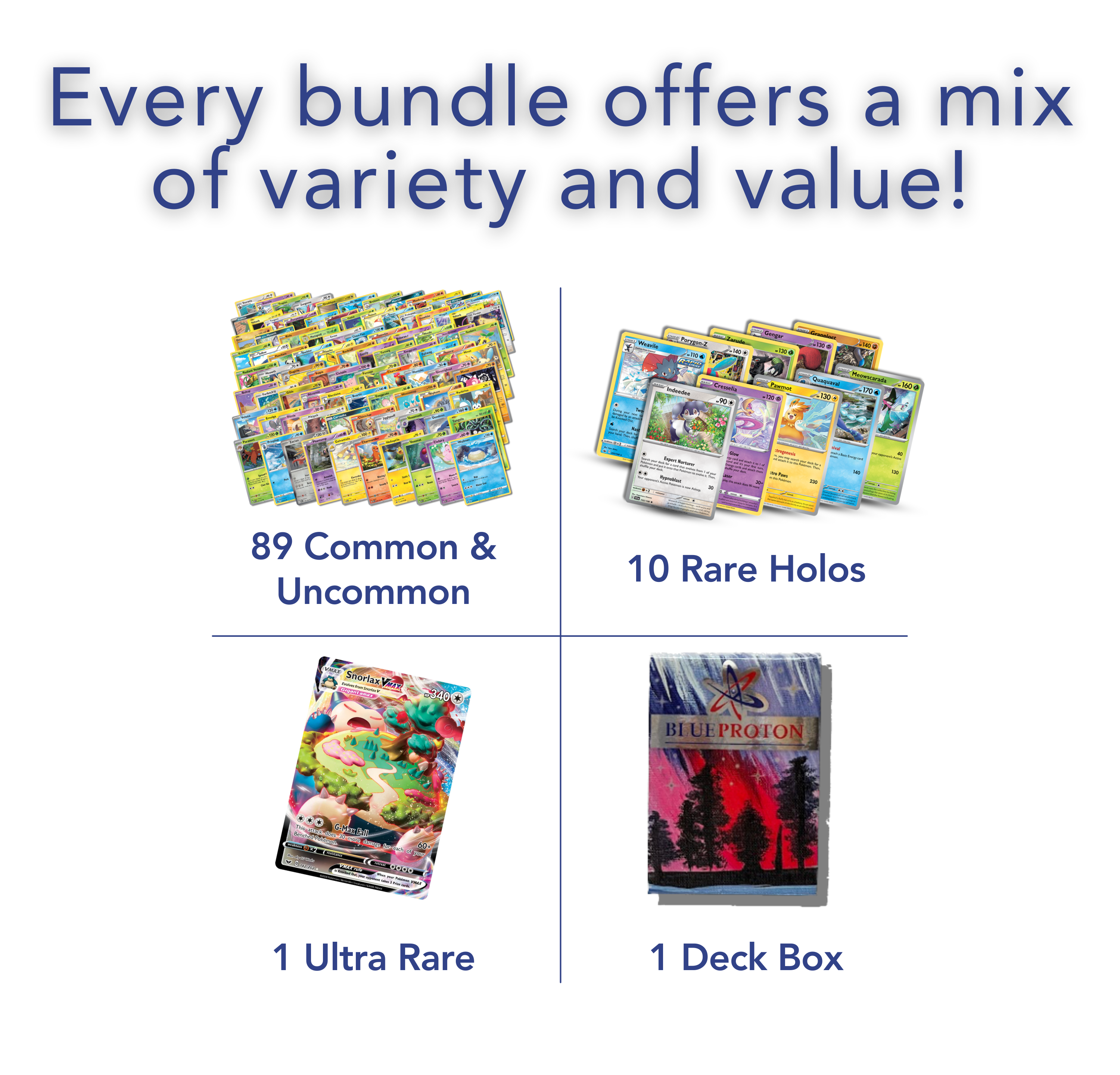Exclusive Ultimate Bundle | 100 Genuine Cards | Includes 1 Guaranteed Ultra Rare: Legendary, VSTAR, VMAX, V, GX, or EX | Plus 10 Holos or Rares | BlueProton Deck Box compatible with trading cards